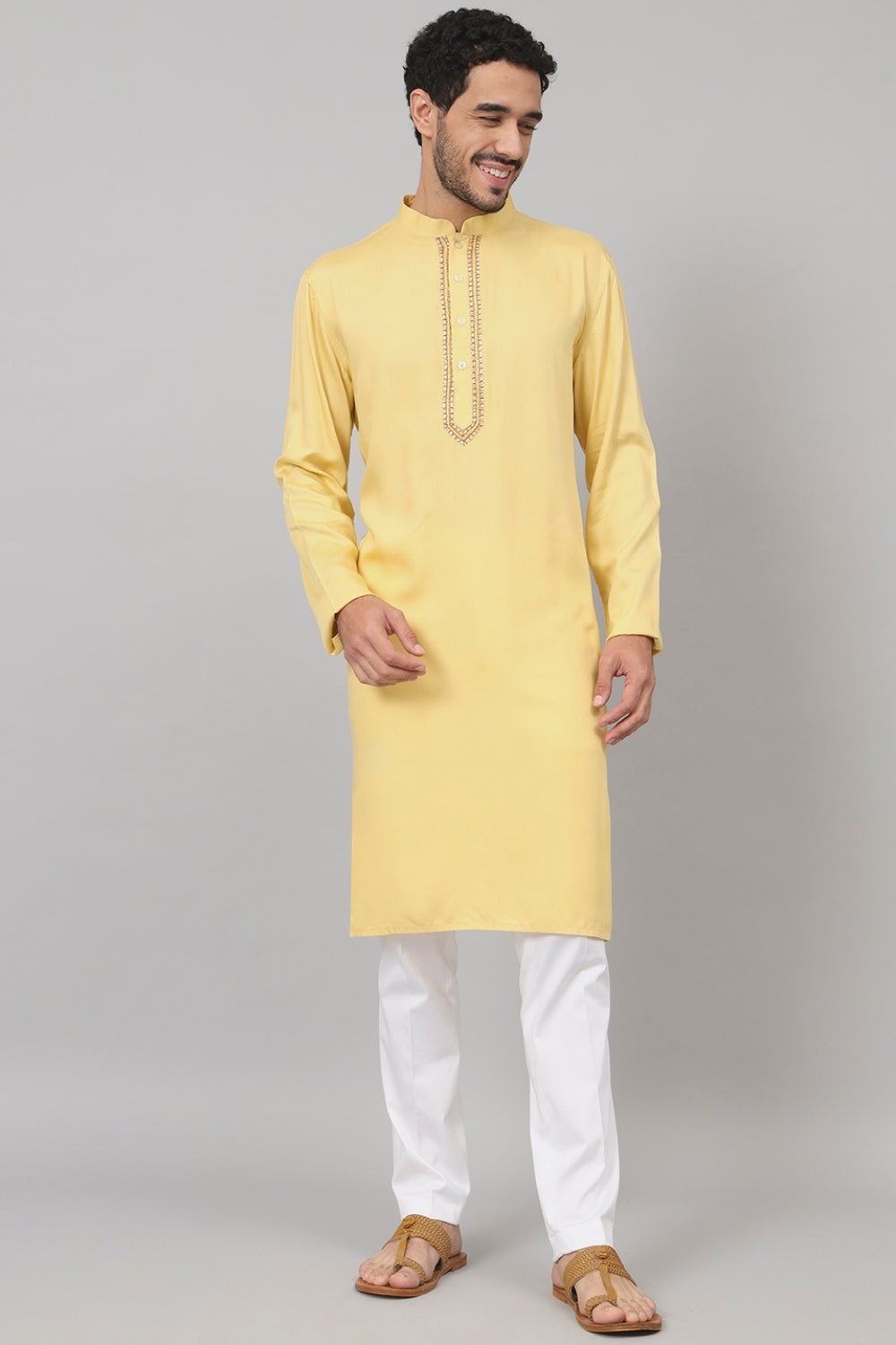 Neckline Embroidered Cotton Kurta by Hilo Design