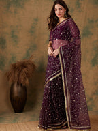 Sangria Floral Zari Jaal Embroidered Sarees - Distacart