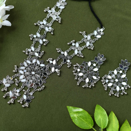 Mominos Fashion Johar Kamal Oxidised Silver-Plated Mirror Work Long Necklace Set