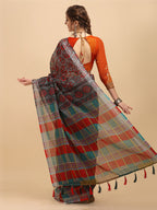 Sangria Grey & Red Beads and Stones Pure Linen Saree - Distacart