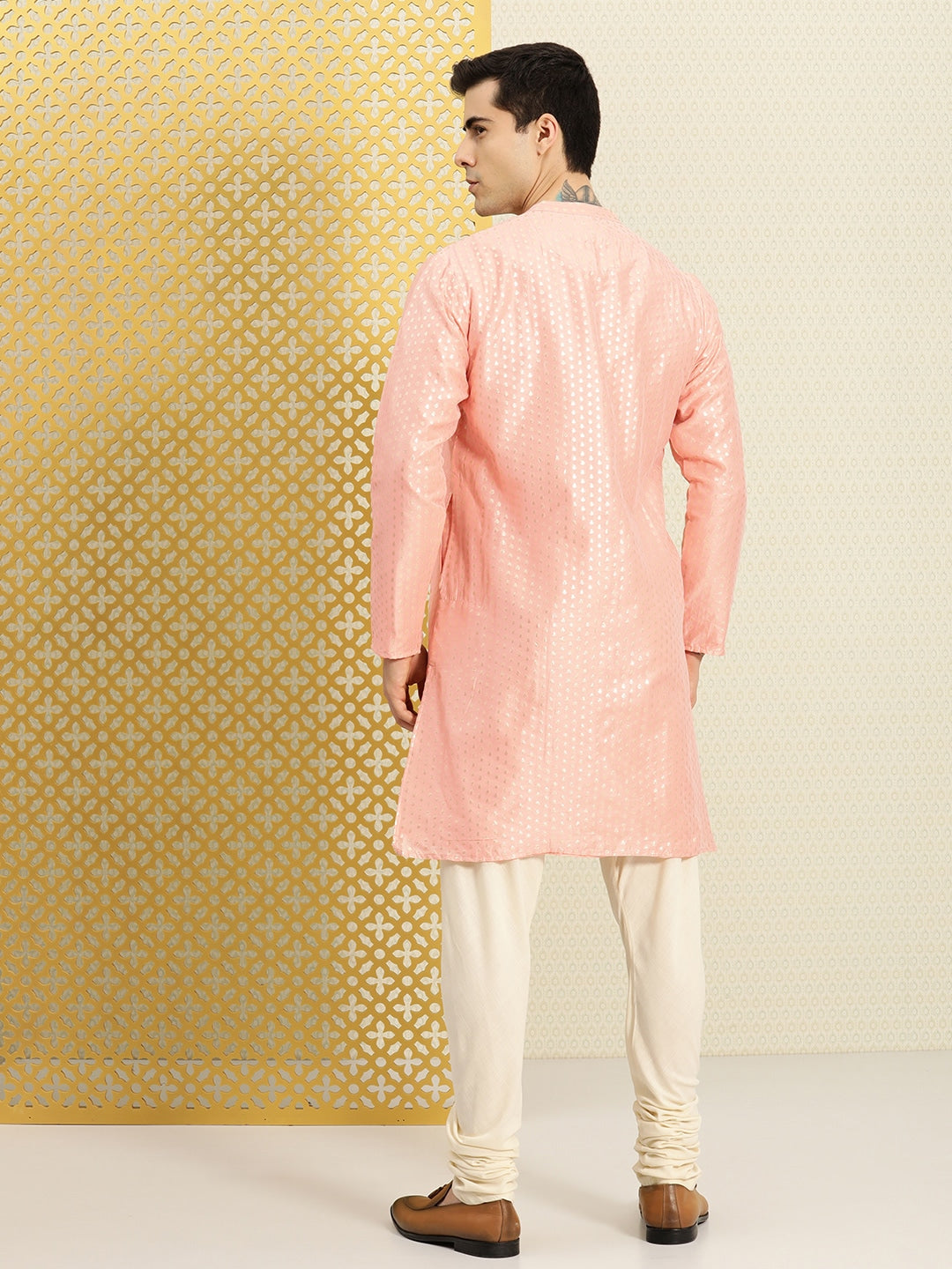 House of Pataudi Men Peach-Coloured Ethnic Motifs Printed Kurta