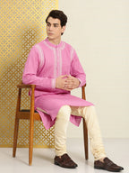 House of Pataudi Men Pure Cotton Self Striped Embroidered Thread Work Jashn Kurta