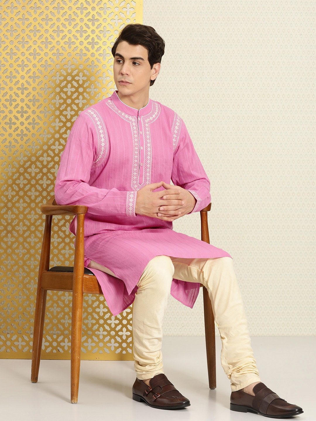 House of Pataudi Men Pure Cotton Self Striped Embroidered Thread Work Jashn Kurta