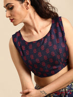Saree Mall Navy Blue & Red Floral Jute Silk Block Print Sarees