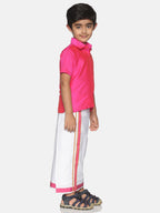 Sethukrishna Boys Pink & White Solid Shirt and Veshti Set