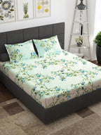 Story@home Ventura Blue & Green Floral Printed 152 TC Queen Bedsheet With 2 Pillow Covers