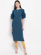 Janasya Teal Blue Geometric Printed Keyhole Neck Flared Sleeves Crepe Kurta - Distacart