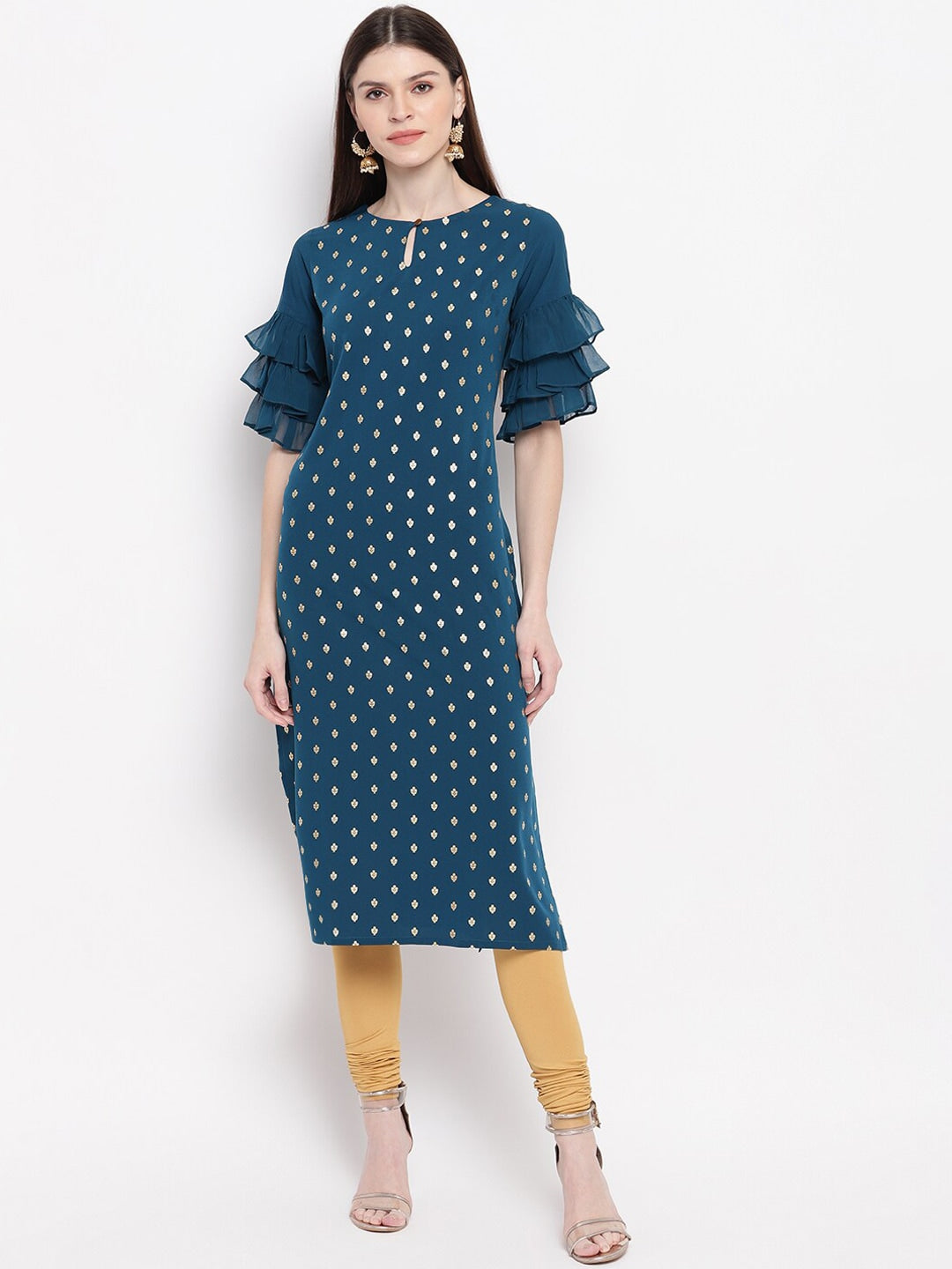Janasya Teal Blue Geometric Printed Keyhole Neck Flared Sleeves Crepe Kurta - Distacart