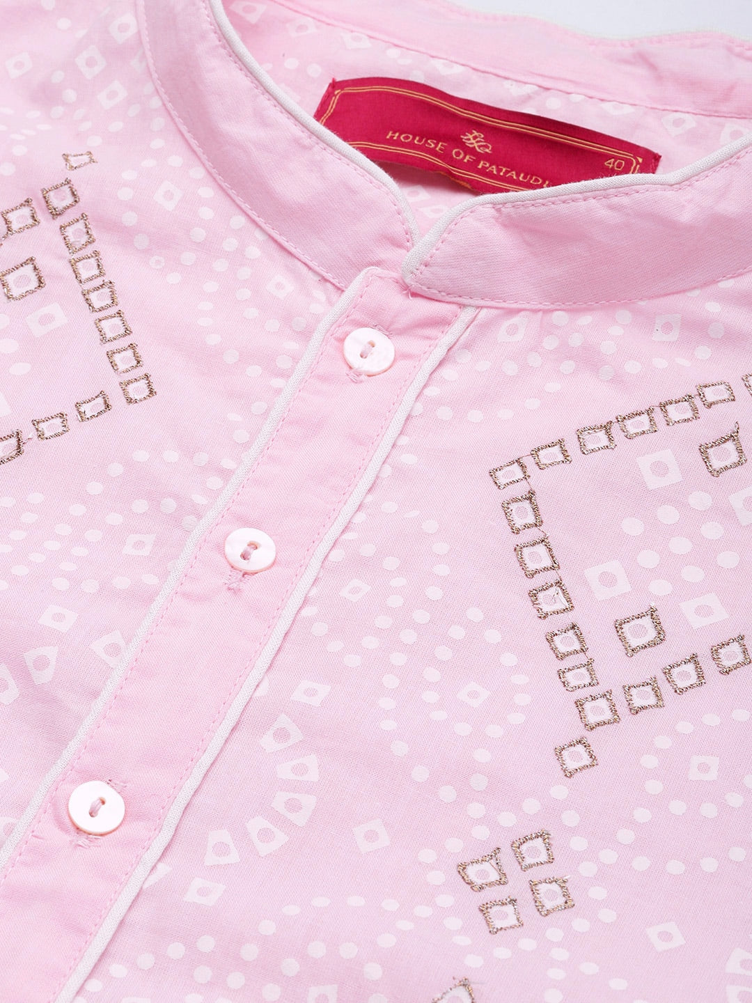 House of Pataudi Men Pink & White Bandhani Printed Pure Cotton Jashn Kurta