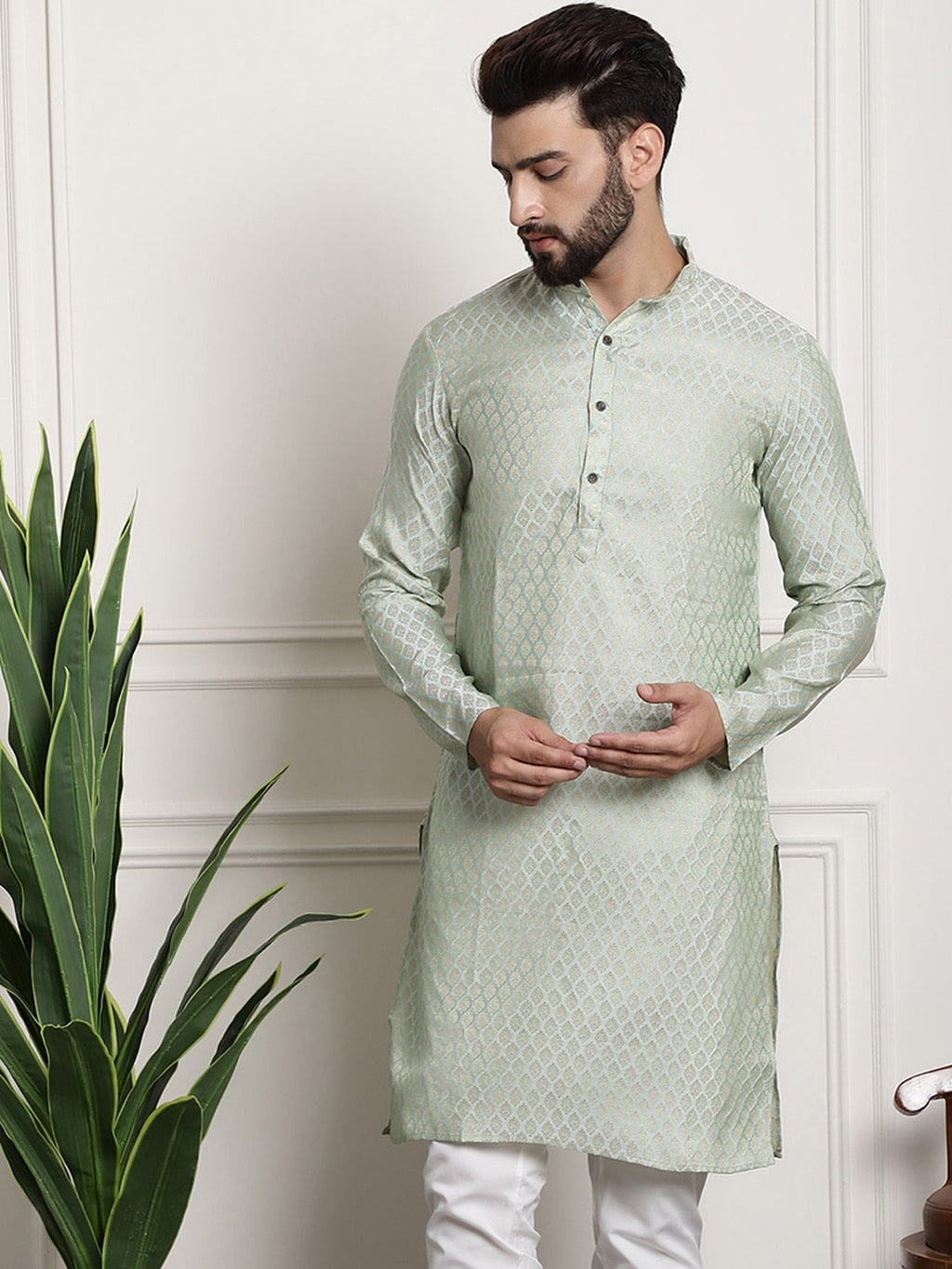 Sojanya Men Green & Beige Ethnic Motifs Jacquard Woven Design Straight Kurta