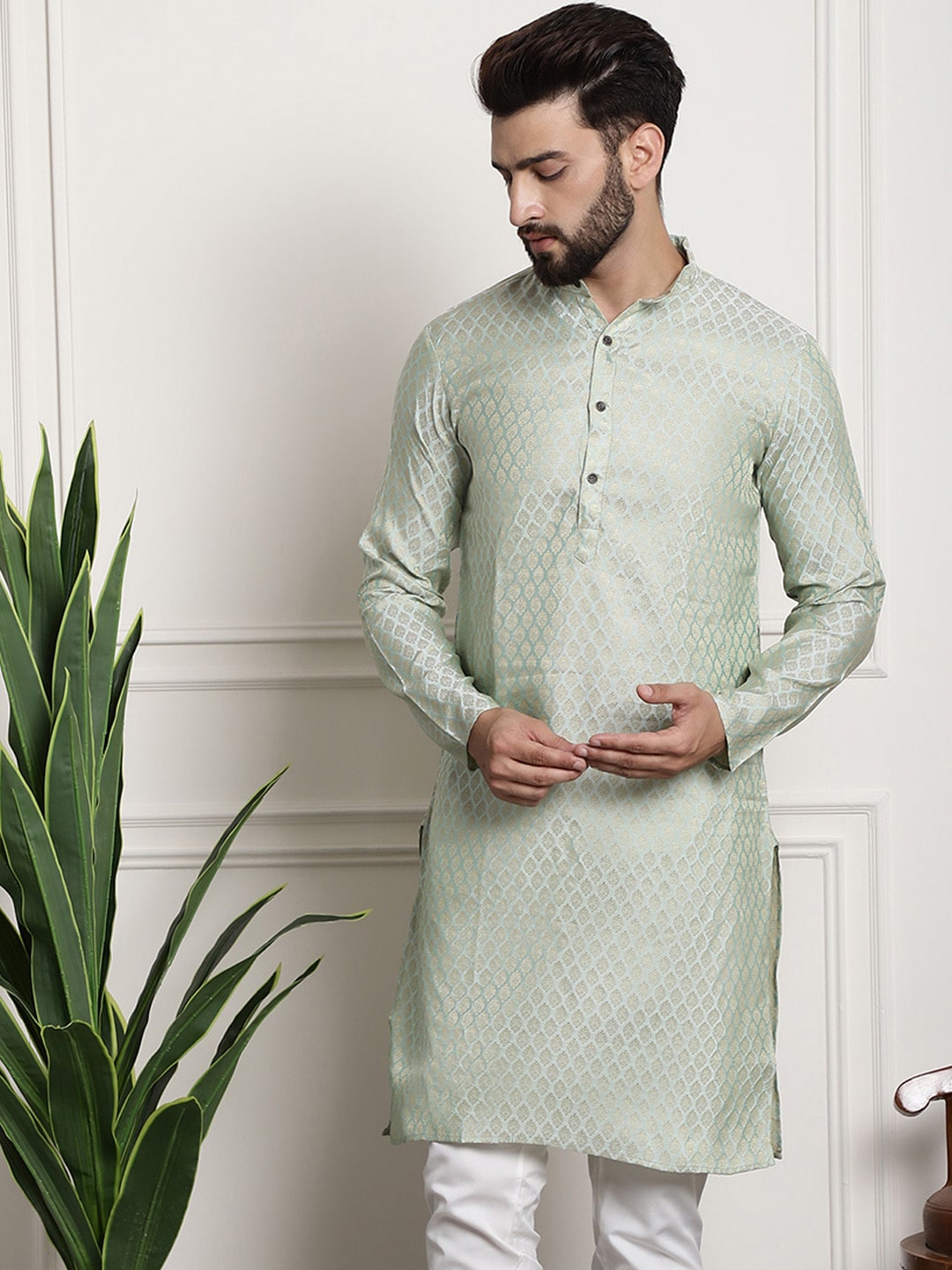 Sojanya Men Green & Beige Ethnic Motifs Jacquard Woven Design Straight Kurta
