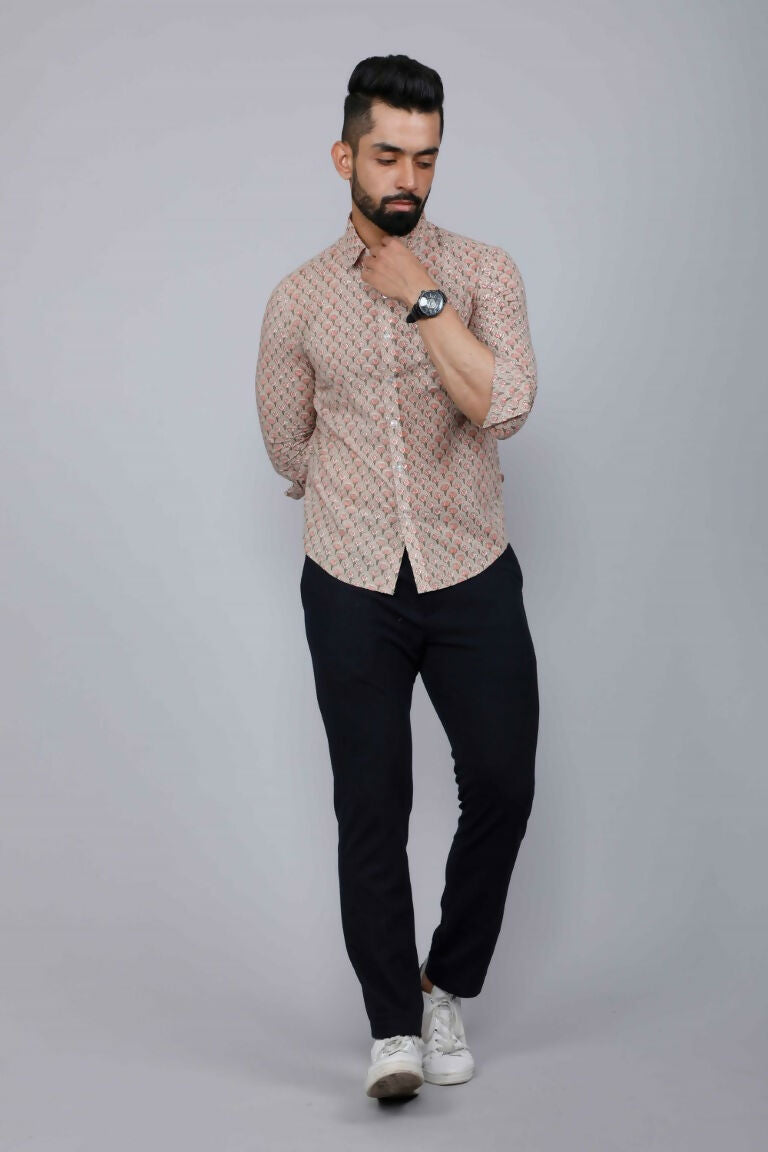 Miravan Men's Beige Pure Cotton Handblock Floral Print Shirt