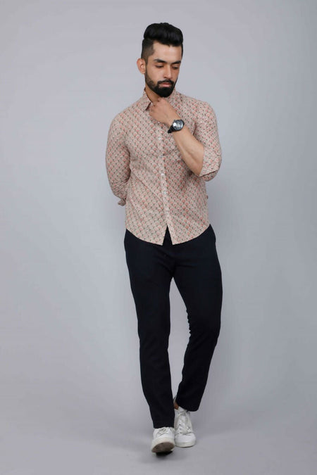 Miravan Men's Beige Pure Cotton Handblock Floral Print Shirt