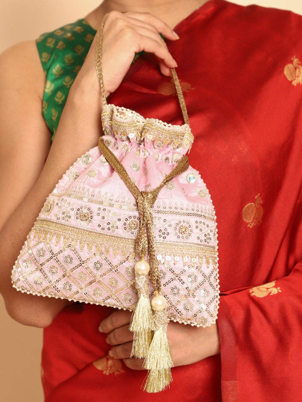 Masq Pink & Gold-Toned Embellished Potli Clutch - Distacart