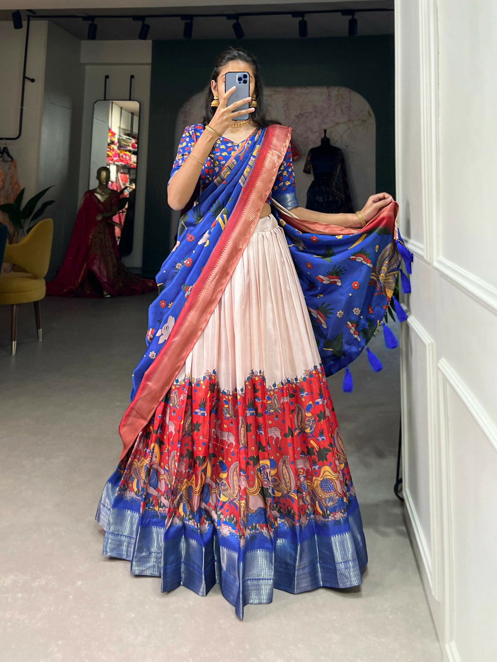 Vastranavya Kalamkari Print With Weaving Border Lehenga with Unstitched Blouse - Red