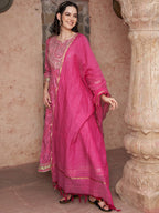 Sangria Bandhani Printed Thread Work Pure Cotton A-Line Kurta with Trousers & Dupatta