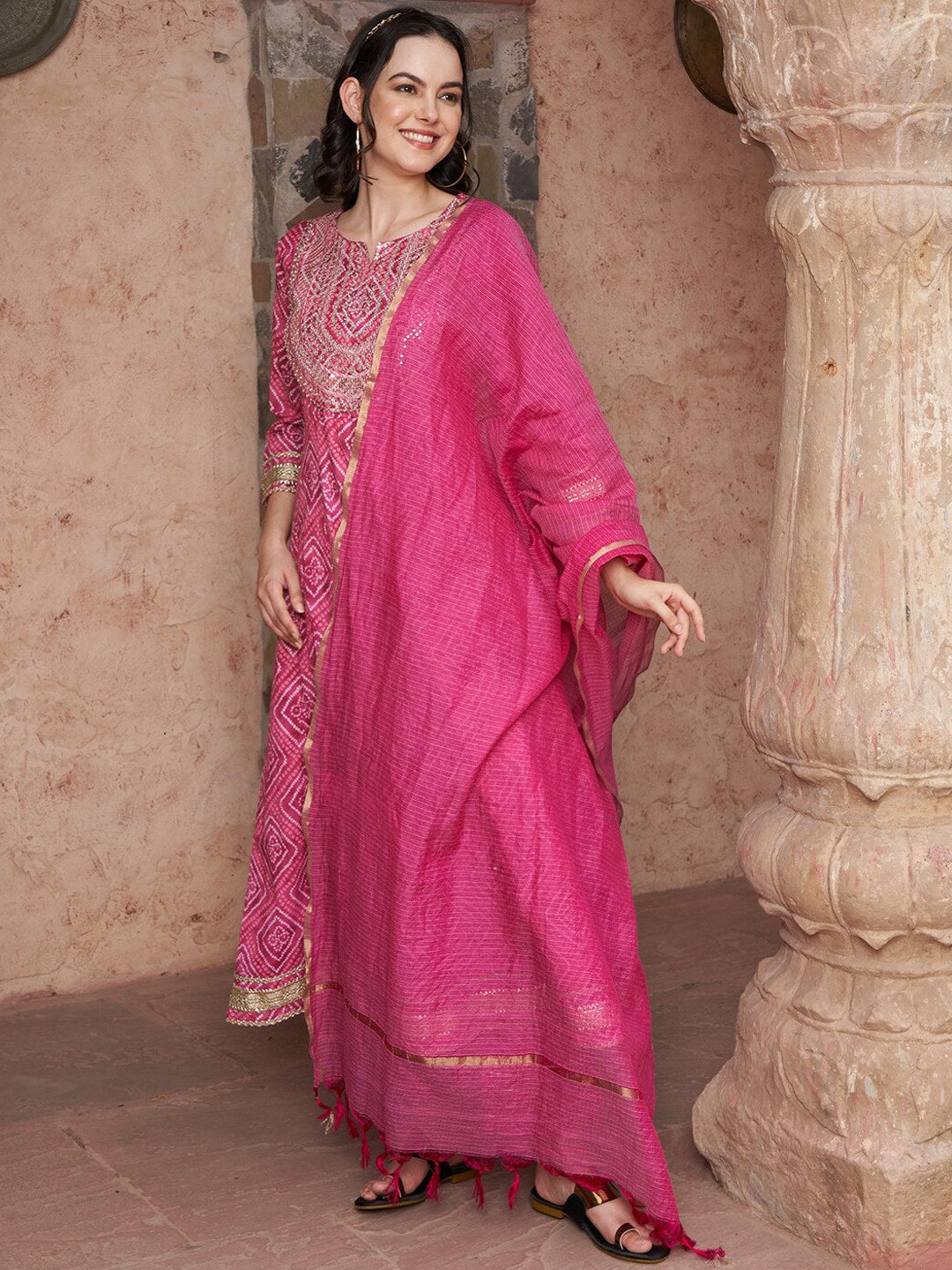 Sangria Bandhani Printed Thread Work Pure Cotton A-Line Kurta with Trousers & Dupatta