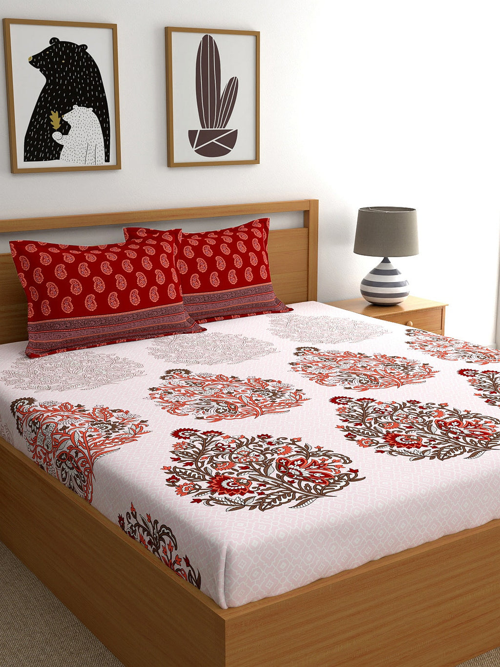My Room Red & White Ethnic Motifs 140 TC King Bedsheet with 2 Pillow Covers