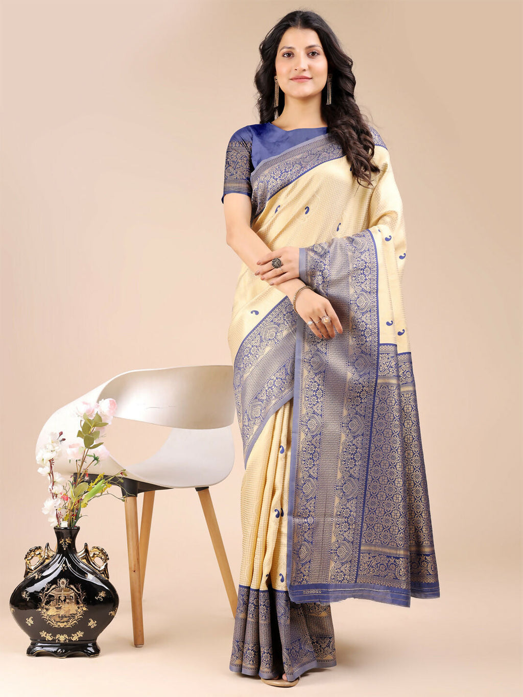 Shree Shyam Fashion Aura Silk Cream Navy Blue Banarasi Silk Saree