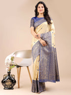Shree Shyam Fashion Aura Silk Cream Navy Blue Banarasi Silk Saree