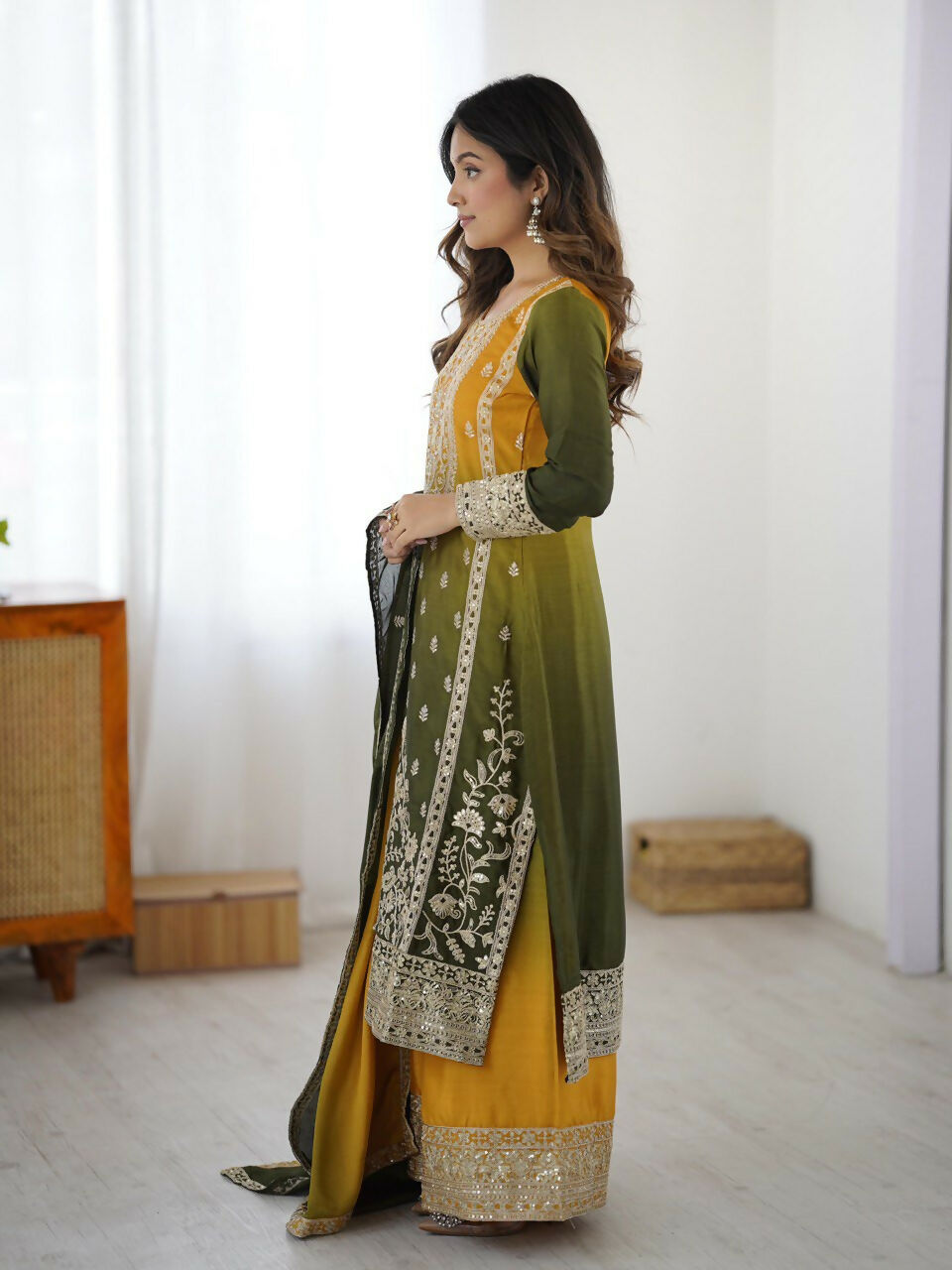 The52 Women's Gorgeous Chinon silk Fabric Embroidery Work Straight Kurta Palazzo and Dupatta Set - Distacart
