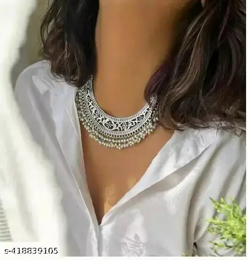 Tehzeeb Creations Women's Silver Colour Oxidised Necklace With White Pearl