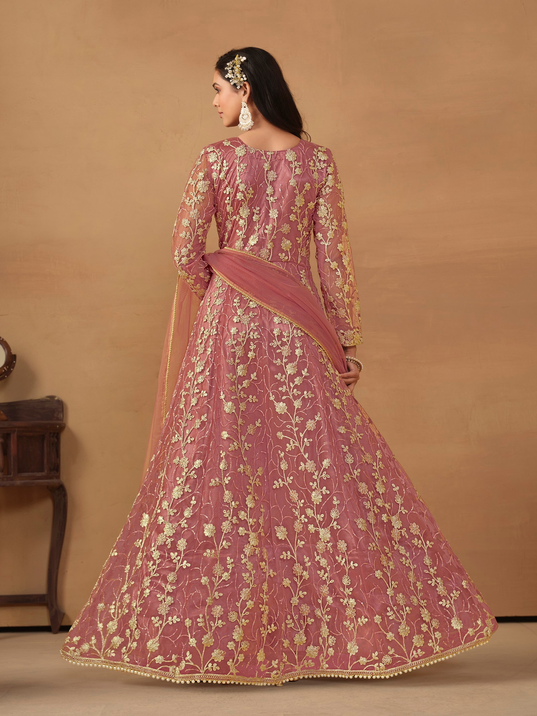 Anaita Pink Embroidered Butterfly Net Anarkali Suit - Distacart
