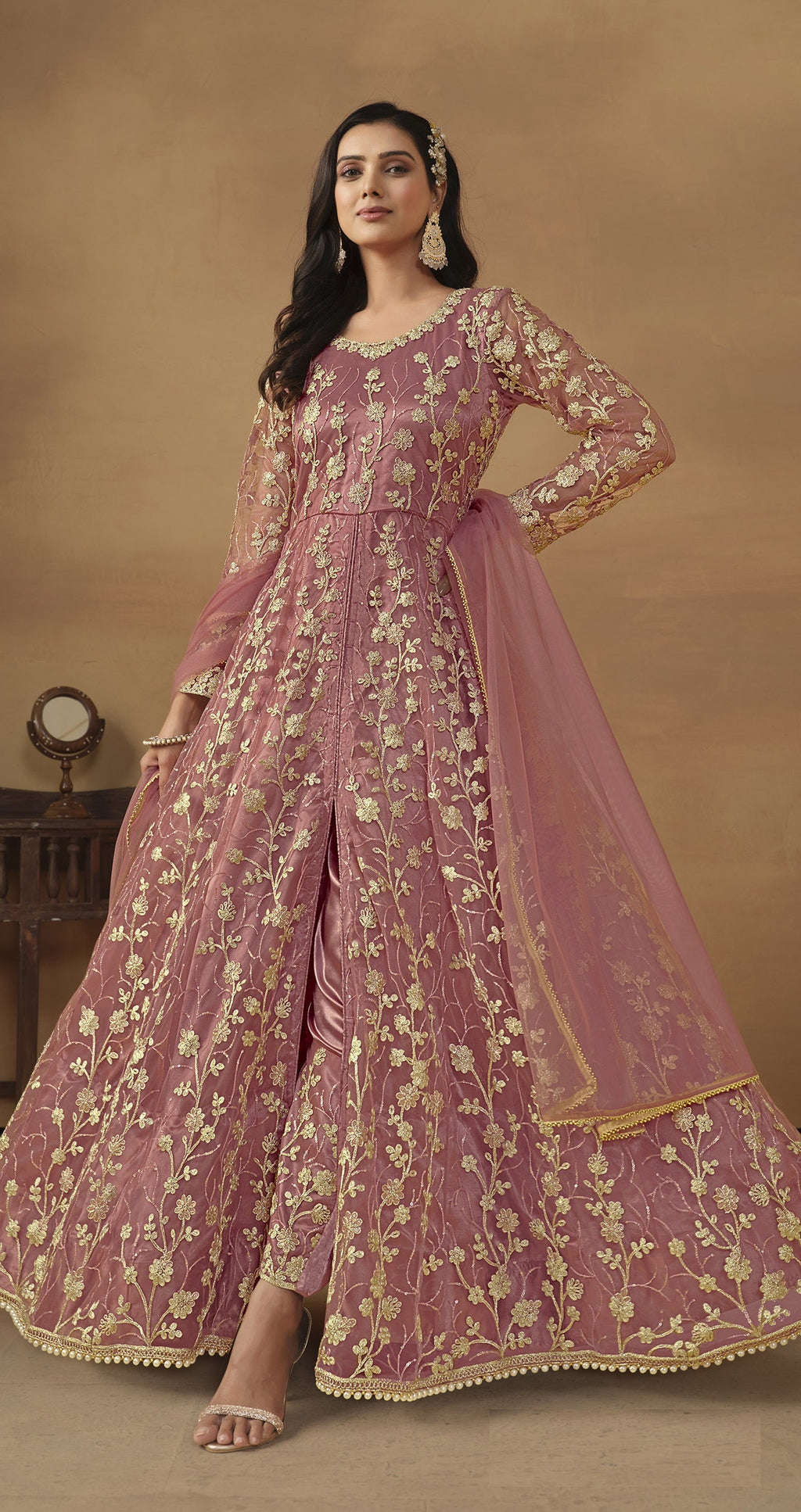 Anaita Pink Embroidered Butterfly Net Anarkali Suit - Distacart