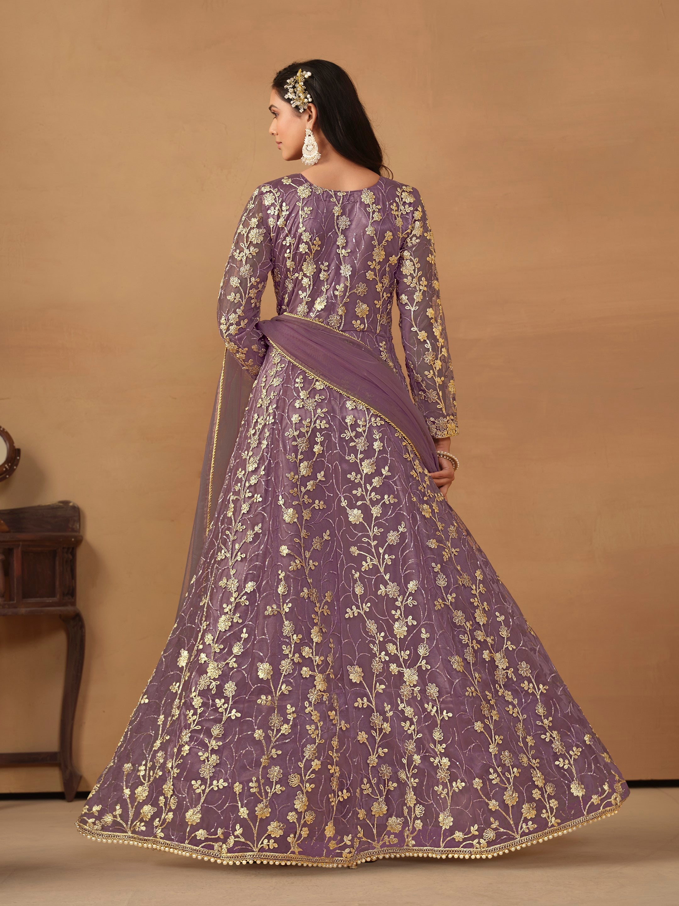 Anaita Purple Embroidered Butterfly Net Anarkali Suit - Distacart