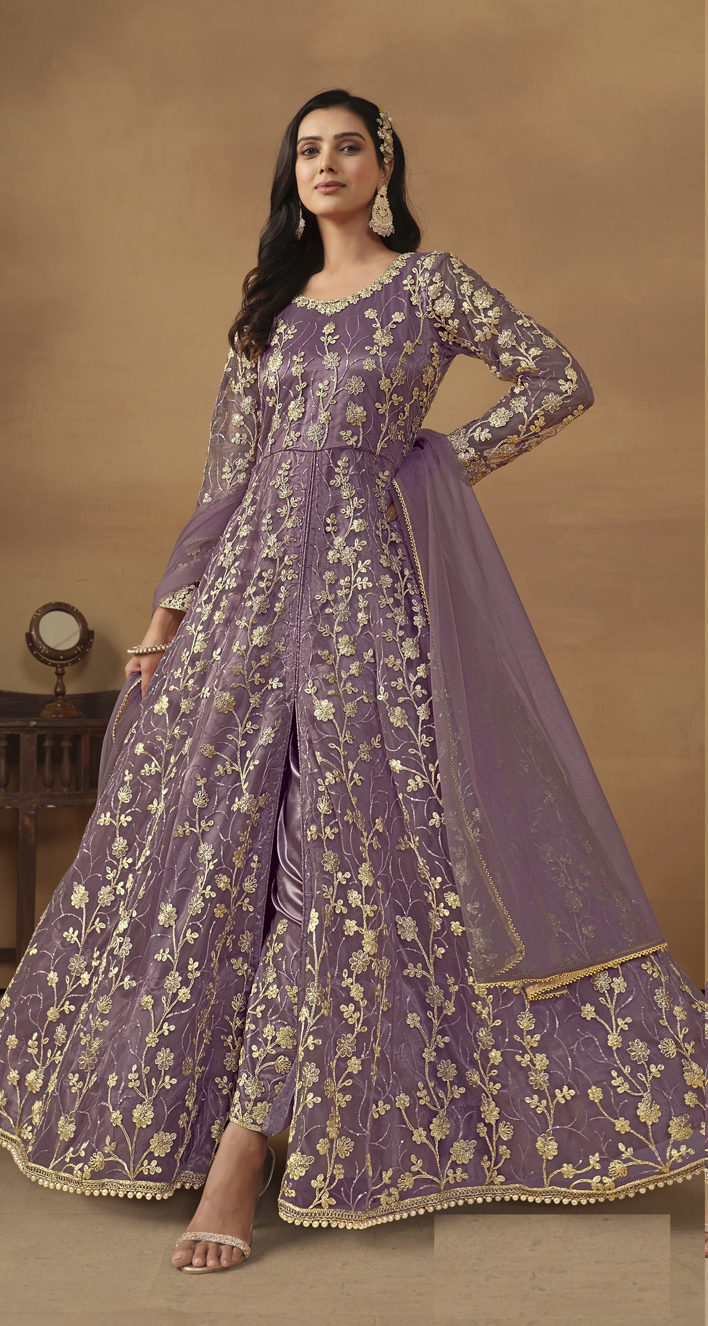 Anaita Purple Embroidered Butterfly Net Anarkali Suit - Distacart