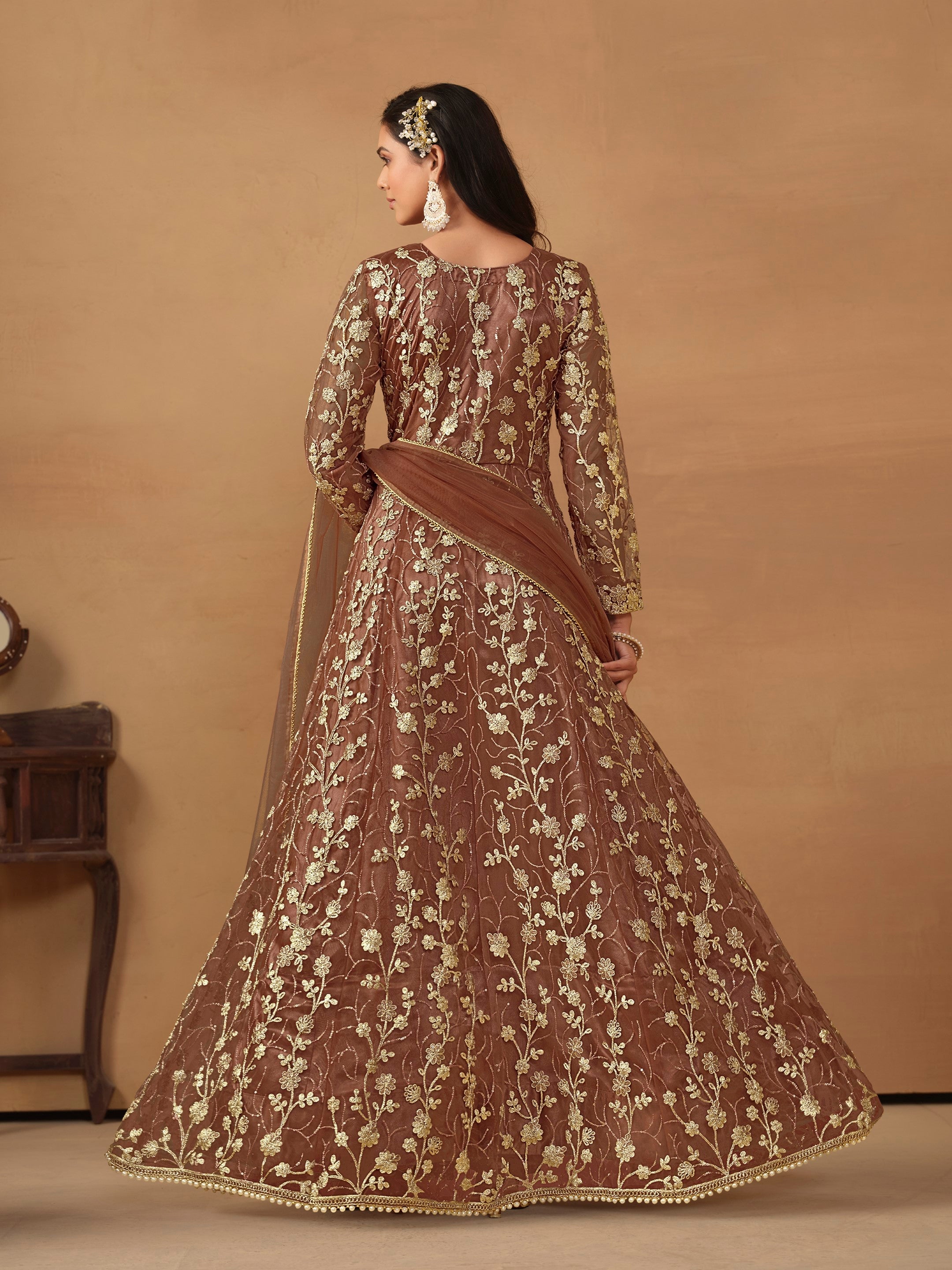 Anaita Brown Embroidered Butterfly Net Anarkali Suit - Distacart