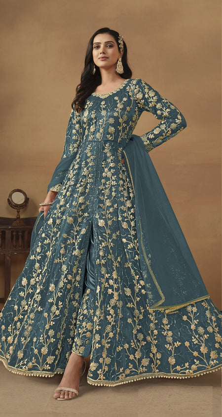 Anaita Dark Grey Embroidered Butterfly Net Anarkali Suit
