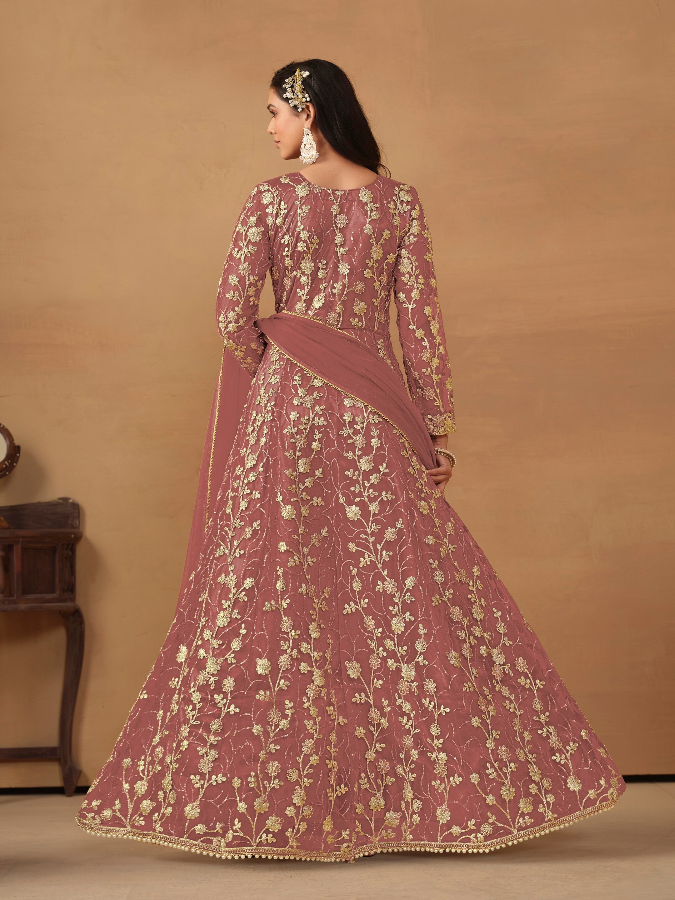 Anaita Peach Embroidered Butterfly Net Anarkali Suit - Distacart
