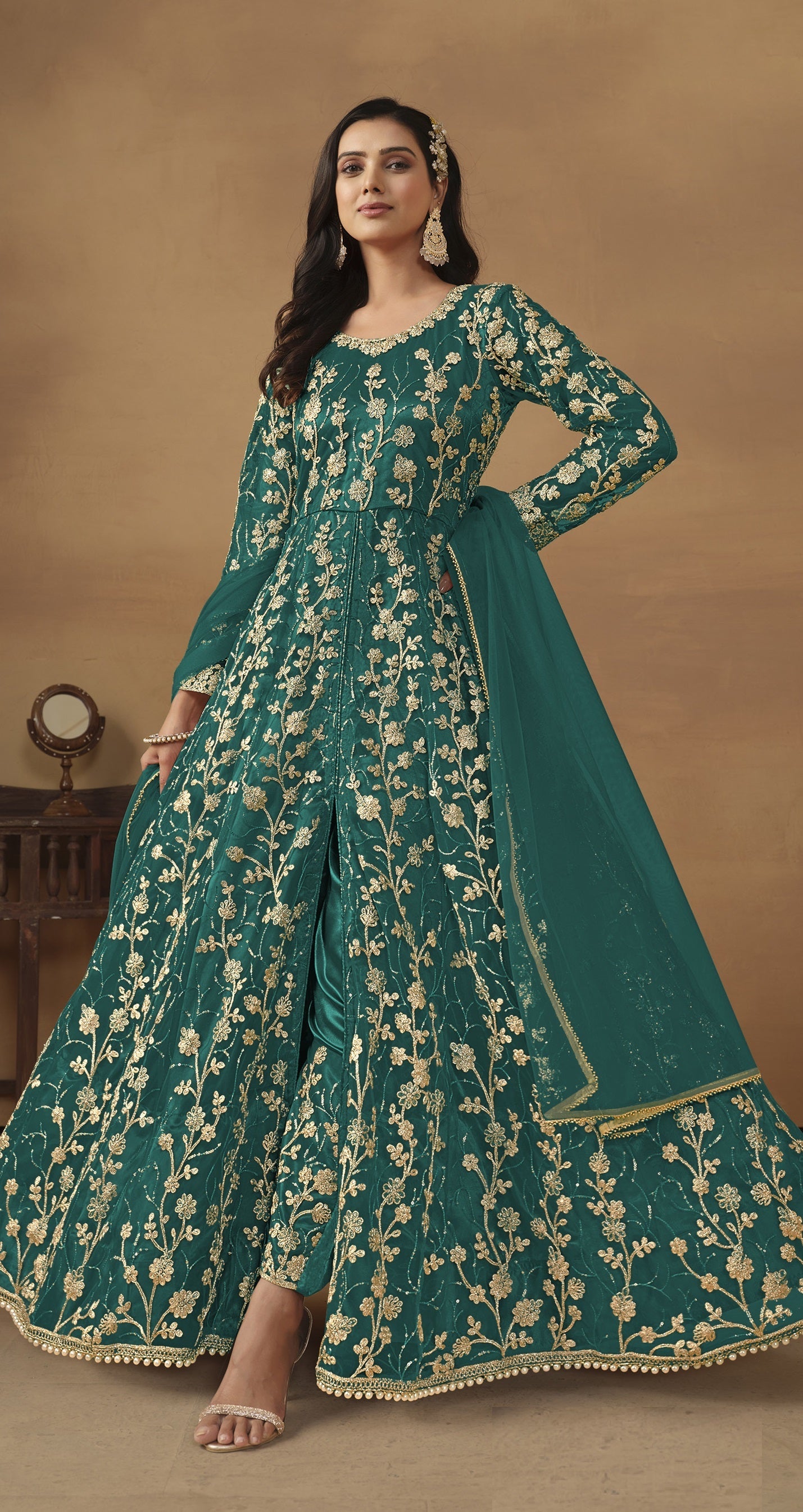 Anaita Teal Embroidered Butterfly Net Anarkali Suit - Distacart
