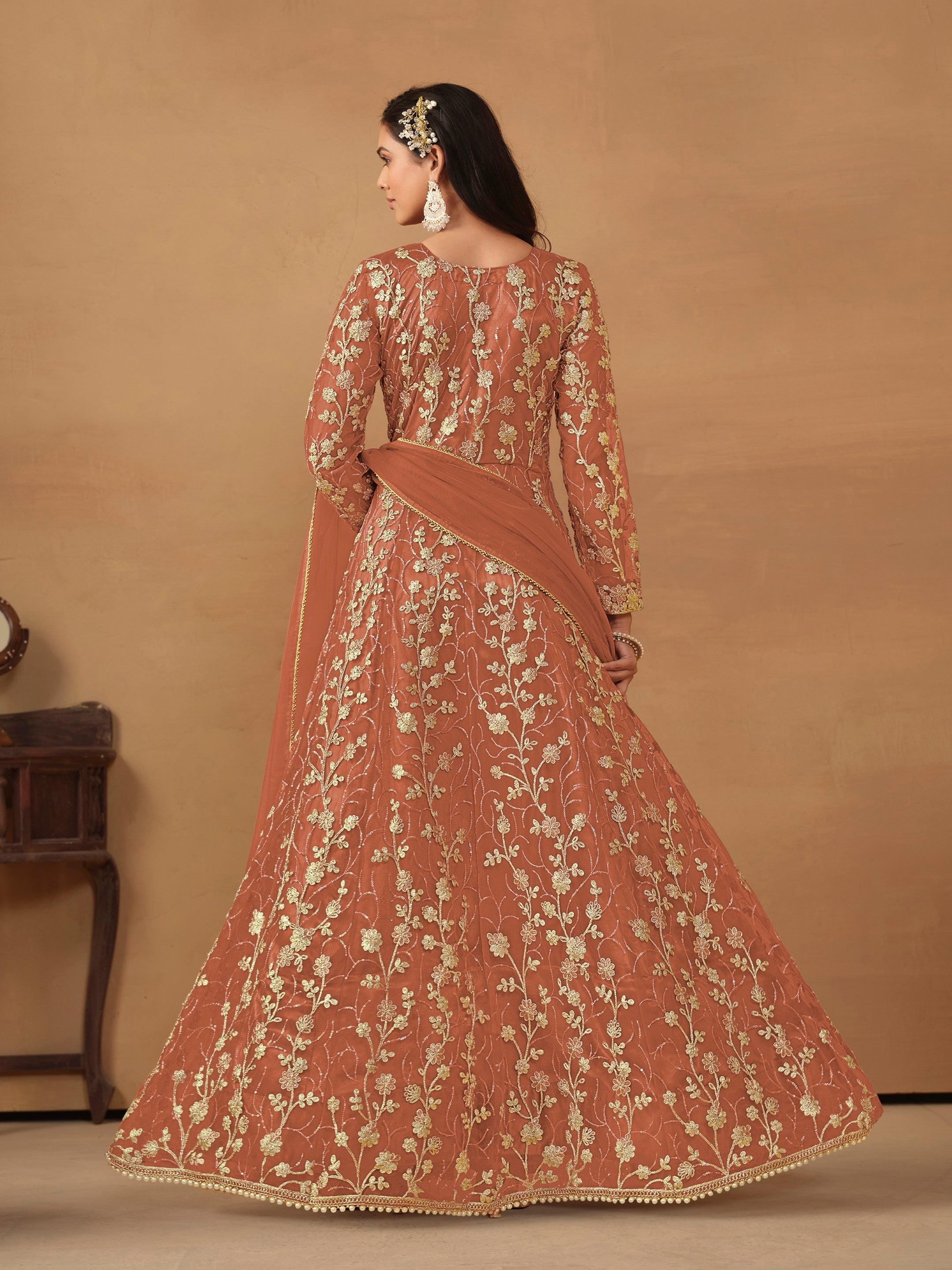 Anaita Orange Embroidered Butterfly Net Anarkali Suit - Distacart