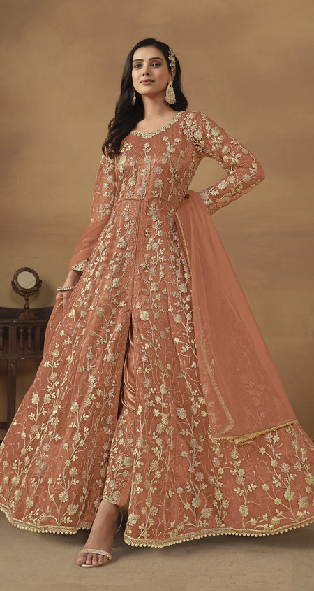 Anaita Orange Embroidered Butterfly Net Anarkali Suit
