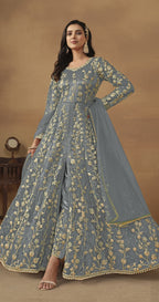 Anaita Grey Embroidered Butterfly Net Anarkali Suit - Distacart