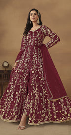 Anaita Wine Embroidered Butterfly Net Anarkali Suit - Distacart