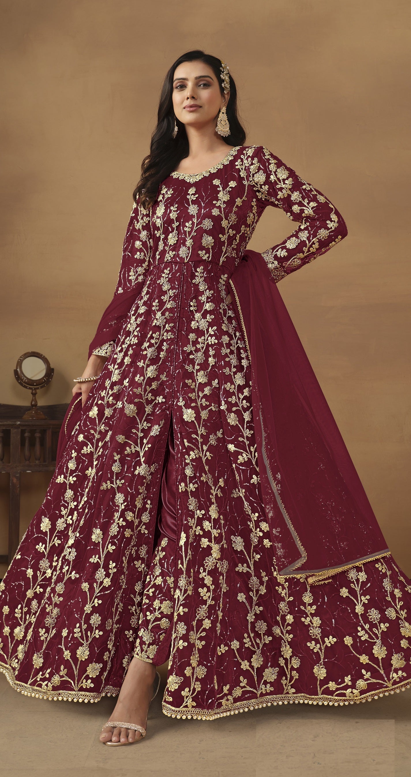 Anaita Wine Embroidered Butterfly Net Anarkali Suit - Distacart
