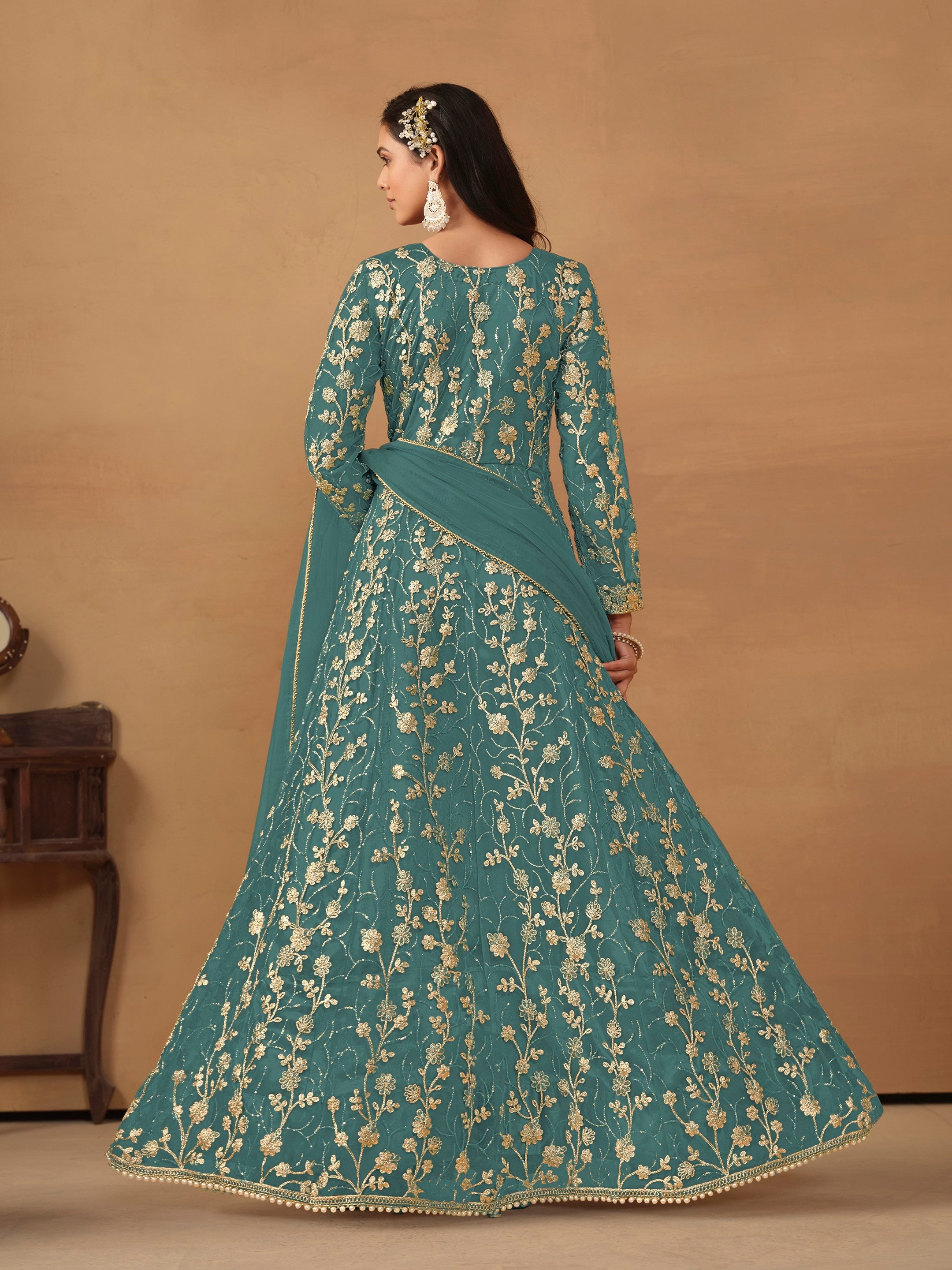 Anaita Sky Blue Embroidered Butterfly Net Anarkali Suit - Distacart