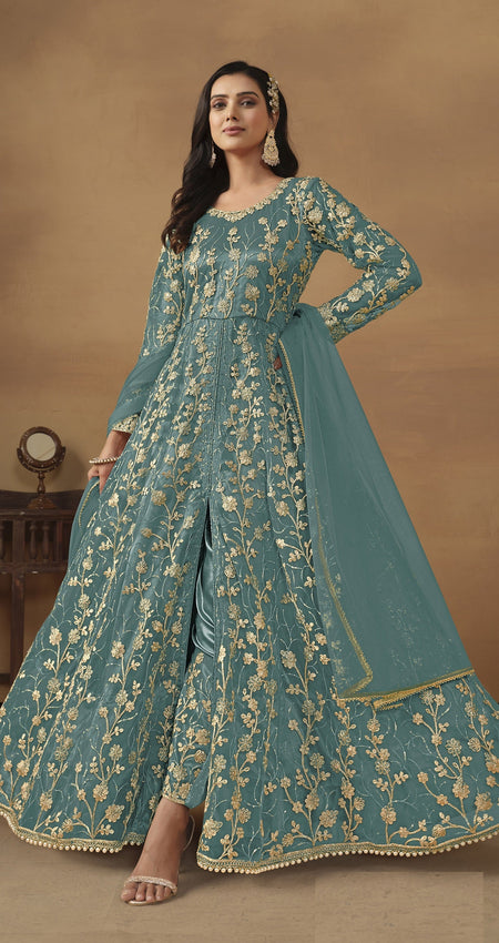 Anaita Sky Blue Embroidered Butterfly Net Anarkali Suit