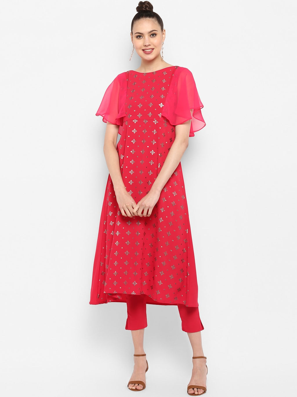 Janasya Magenta & Silver-Toned Printed Kurta with Trousers - Distacart