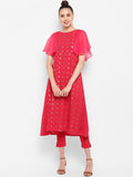 Janasya Magenta & Silver-Toned Printed Kurta with Trousers - Distacart