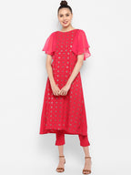 Janasya Magenta & Silver-Toned Printed Kurta with Trousers - Distacart