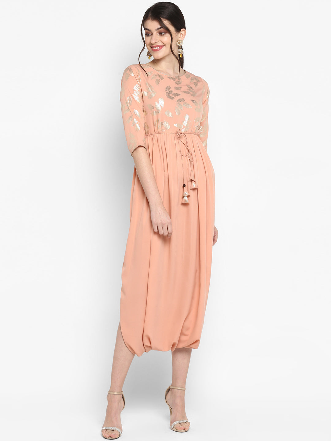 Janasya Peach-Coloured & Silver-Toned Printed A-Line Kurta - Distacart