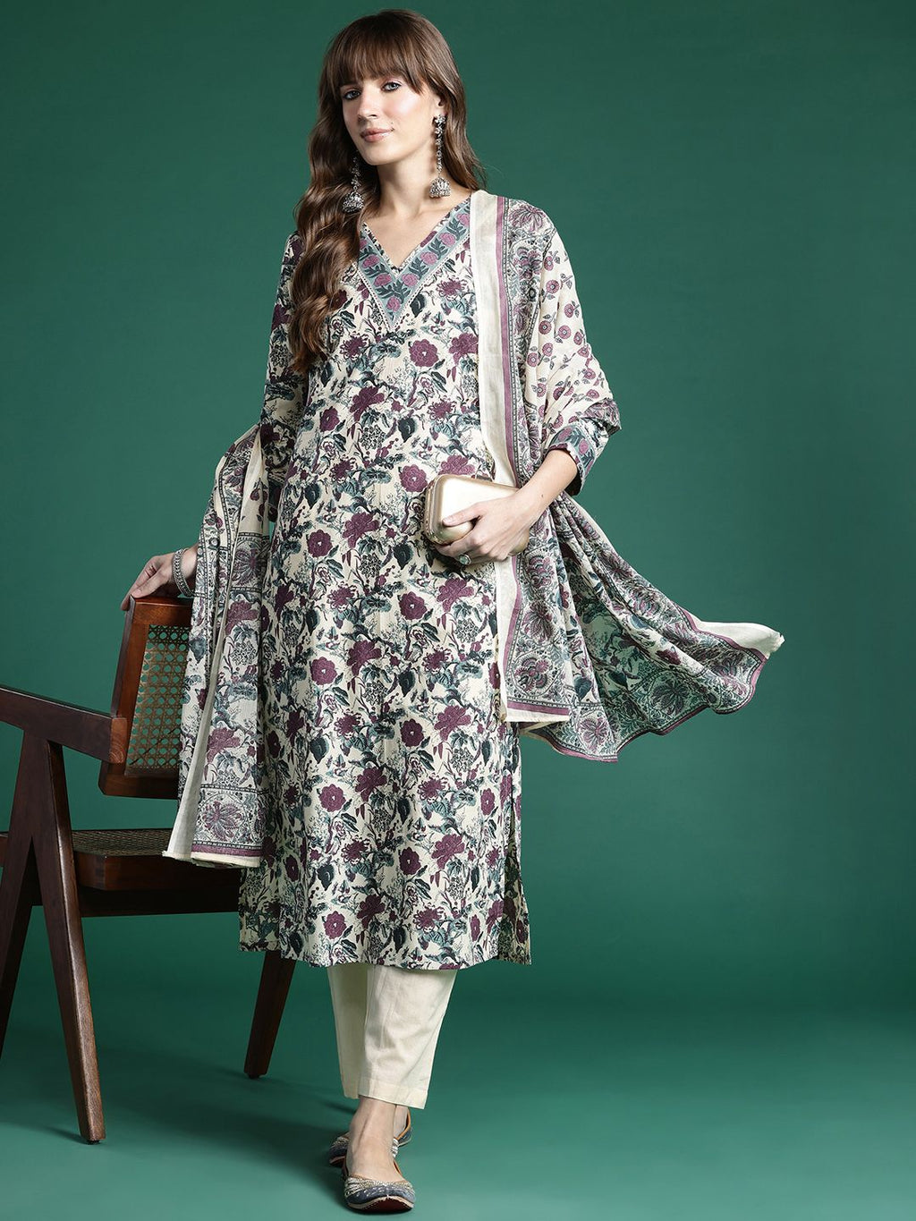 Indo Era Floral Printed Regular Pure Cotton Kurta with Trousers & Dupatta - Distacart