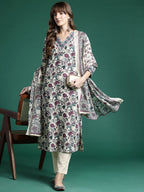 Indo Era Floral Printed Regular Pure Cotton Kurta with Trousers & Dupatta - Distacart