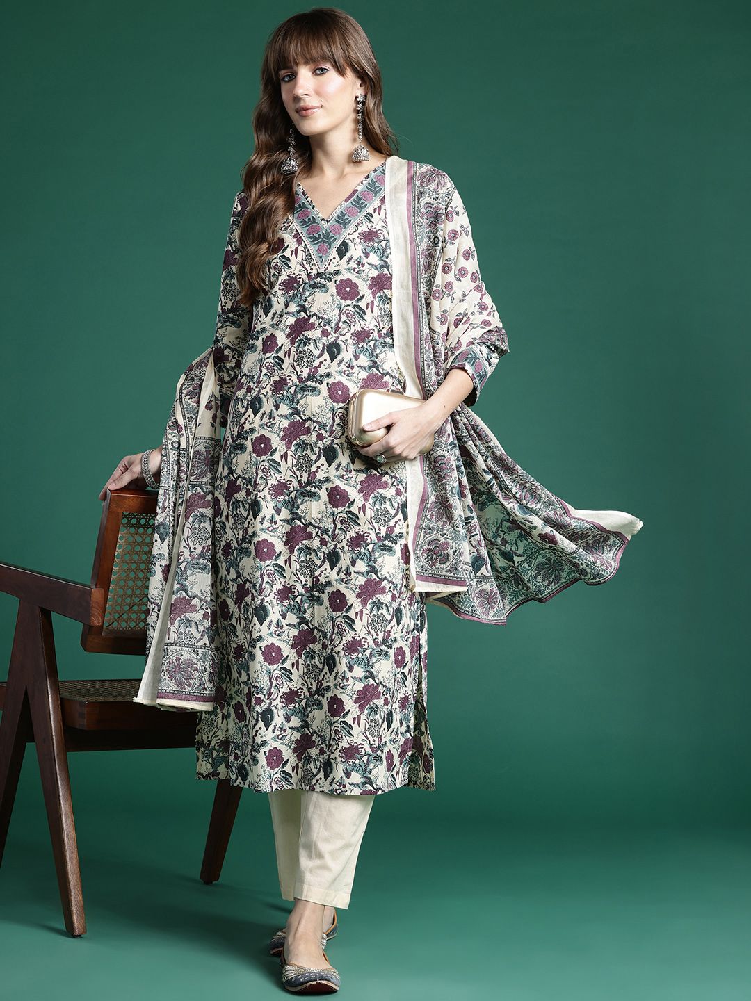 Indo Era Floral Printed Regular Pure Cotton Kurta with Trousers & Dupatta - Distacart