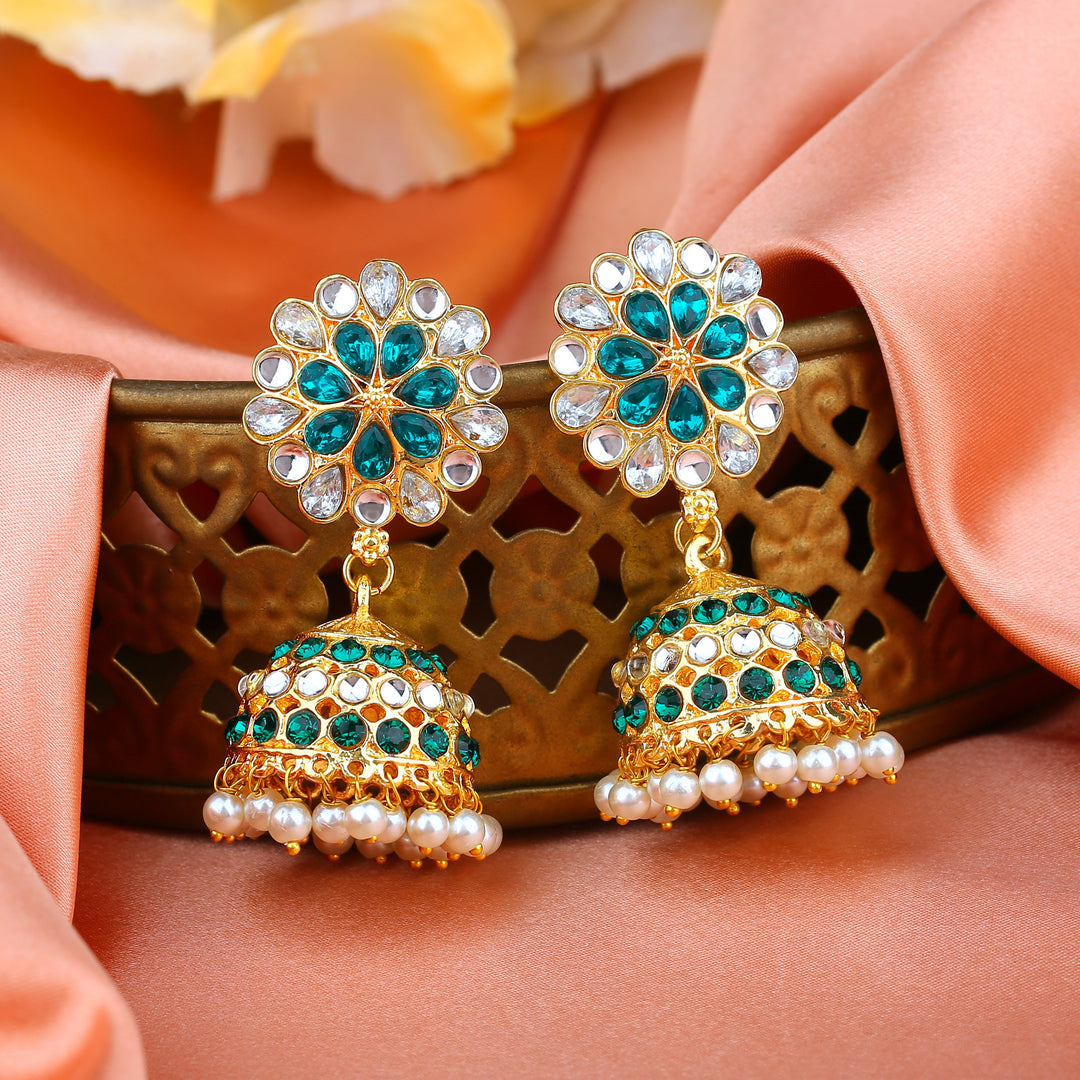 Estele Gold-Polished Traditional Flower Designer Meenakari Jhumka Earrings With Green & White Crystals for Women - Distacart
