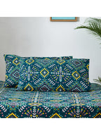 Chumbak Blue & Yellow Ethnic Motifs 136 TC Queen Bedsheet with 2 Pillow Covers